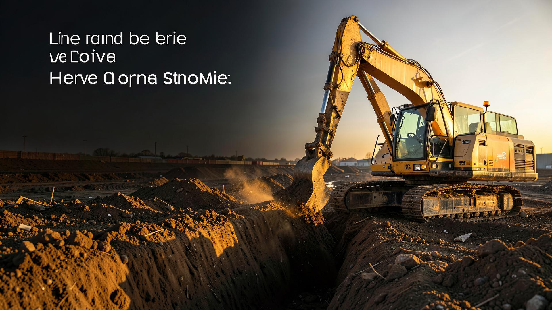 Excavator digging a utility trench at golden hour