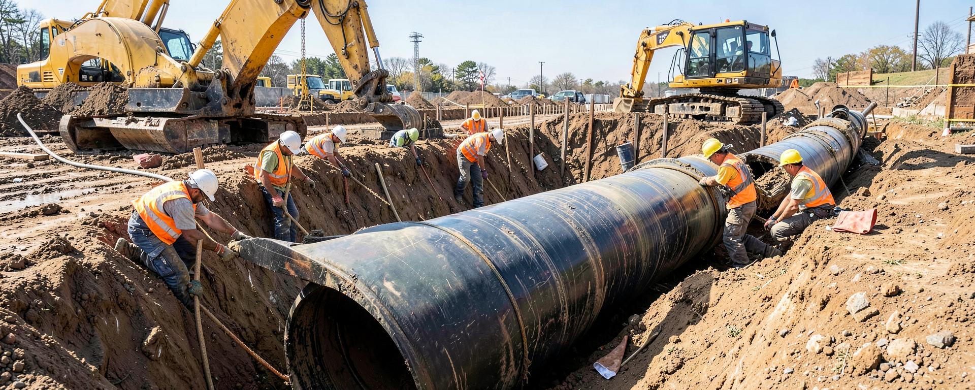 Utility pipe crew setting pipe in a trench